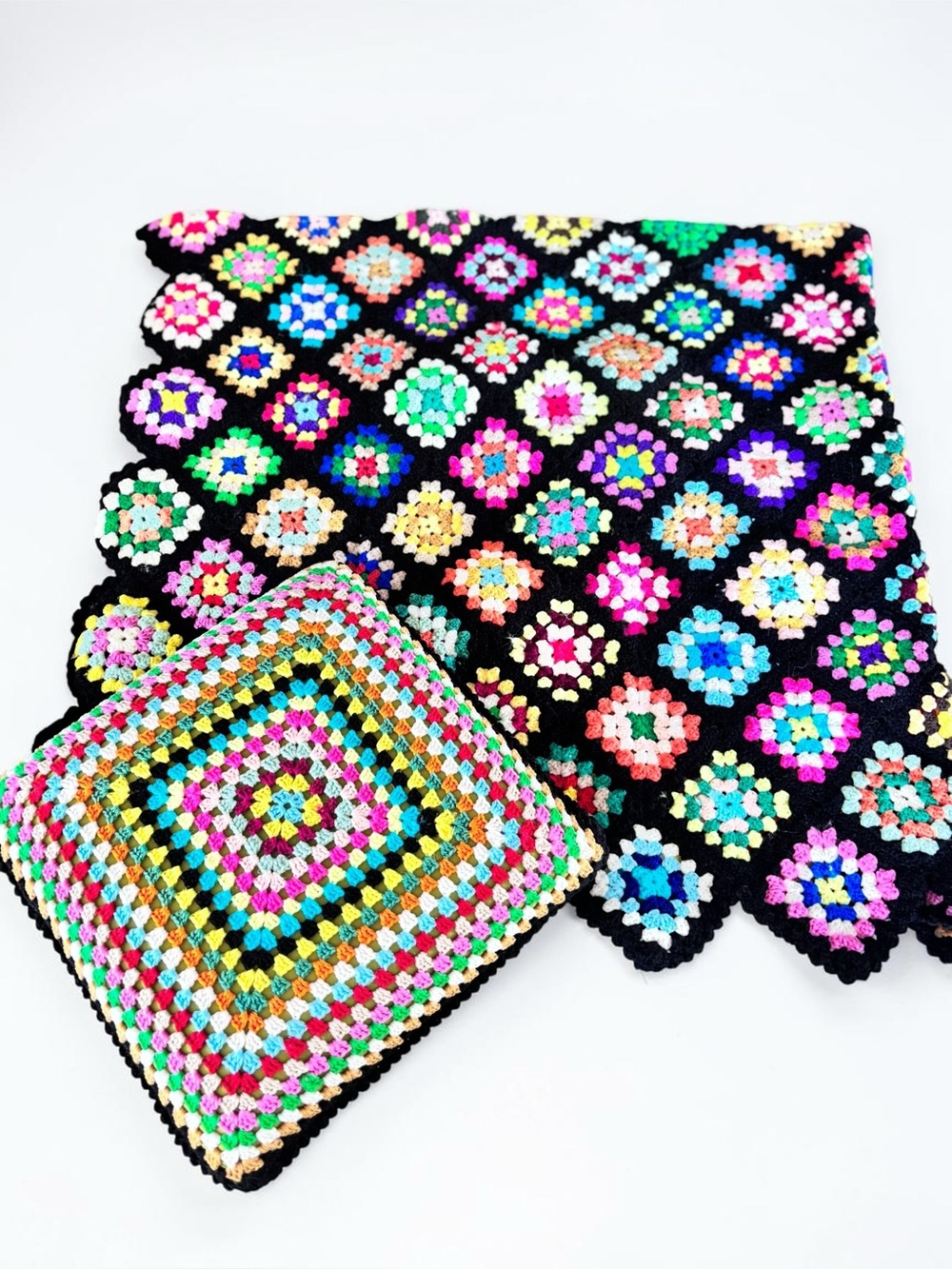 Vintage Crochet Granny Square Afghan Throw Black Multicolor 56x58
